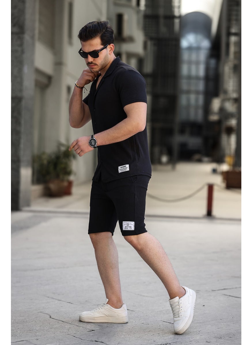 IXIR - Men's Slim Striped Shirt and Shorts Set Black - Image 1