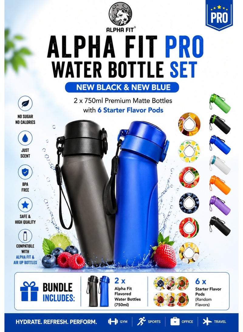 ألفا فت مجموعة Alpha Fit المزدوجة لقوارير المياه المنكّهة – أسود جديد وأزرق جديد، زجاجتان مانعتان للتسرب مع 6 كبسولات نكهة، متوافقة مع زجاجة Air Up - Image 1