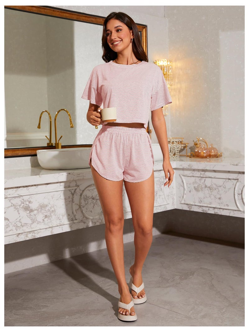 OYOANGLE Women's Two Piece Pajama Set Striped Print Crew Neck Short Sleeve Tee and Side Split Shorts Set Pink Small - Image 5
