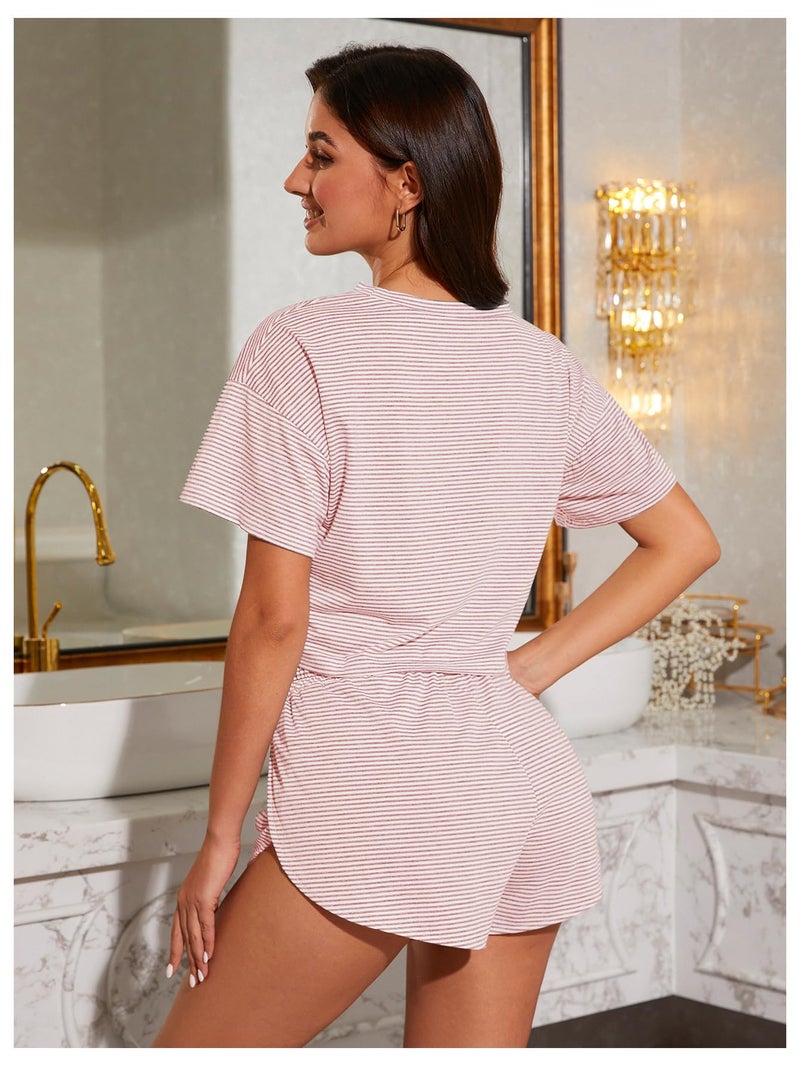 OYOANGLE Women's Two Piece Pajama Set Striped Print Crew Neck Short Sleeve Tee and Side Split Shorts Set Pink Small - Image 2