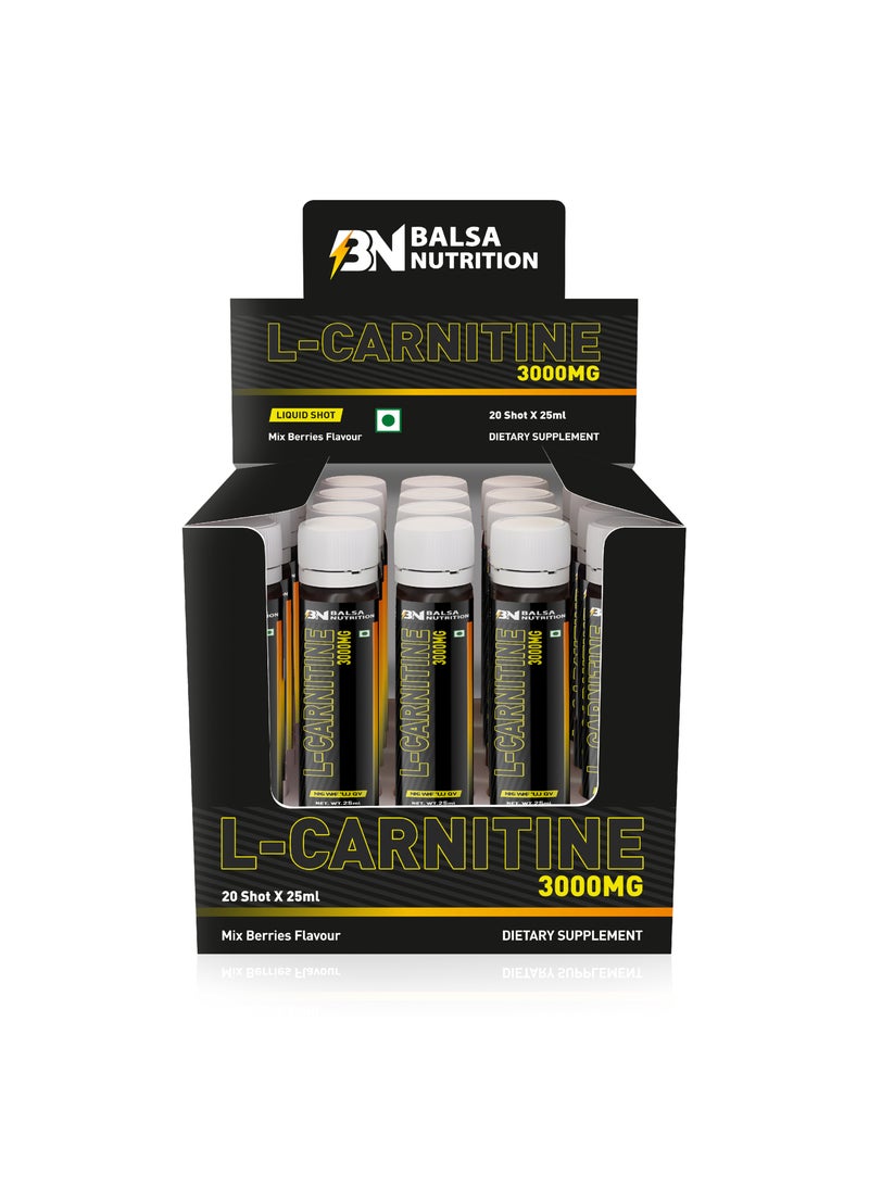 Balsa Nutrition L-Carnitine 3000mg- 20 Shots x 25ml, 20 Serving, Mixed Berry Flavour - Image 1