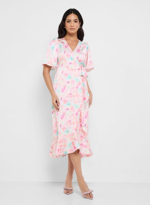 فستان ماكسي بياقة ملفوفة وطبعات زهور