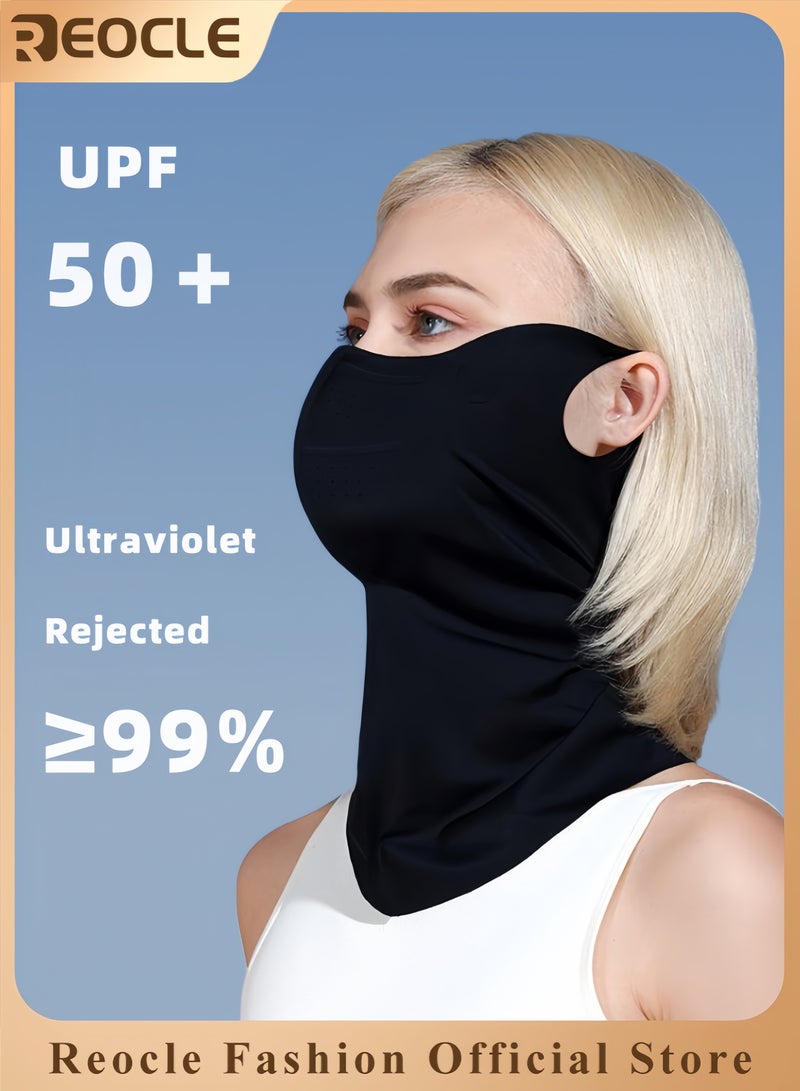 REOCLE Unisex Sunscreen Mask for Outdoor Use Face Neck Protector Sunshade Anti-UV Ice Silk Cold Feeling Ear Scarf Tropical Veil with Ear Loops 