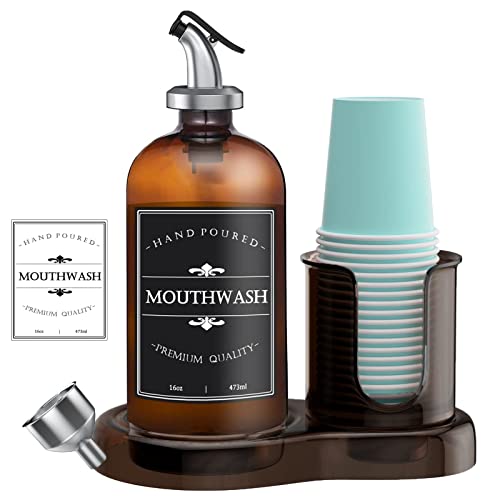 ULERSP Amber Glass Mouthwash Dispenser with Cup Holder for Bathroom, 16oz Refillable Mouthwash Bottles Container with Tray, Funnel and 2 Waterproof Labels - Image 1