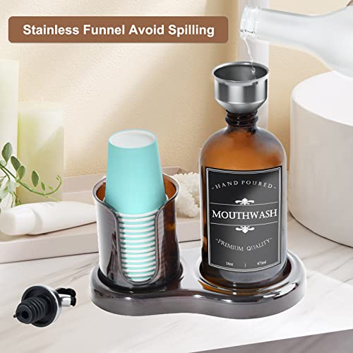ULERSP Amber Glass Mouthwash Dispenser with Cup Holder for Bathroom, 16oz Refillable Mouthwash Bottles Container with Tray, Funnel and 2 Waterproof Labels - Image 2