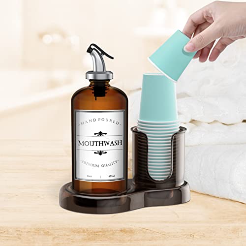 ULERSP Amber Glass Mouthwash Dispenser with Cup Holder for Bathroom, 16oz Refillable Mouthwash Bottles Container with Tray, Funnel and 2 Waterproof Labels - Image 4