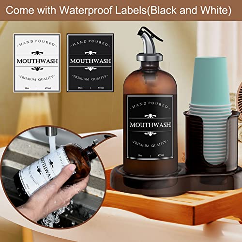 ULERSP Amber Glass Mouthwash Dispenser with Cup Holder for Bathroom, 16oz Refillable Mouthwash Bottles Container with Tray, Funnel and 2 Waterproof Labels - Image 3