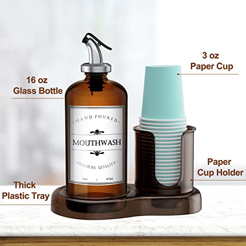 ULERSP Amber Glass Mouthwash Dispenser with Cup Holder for Bathroom, 16oz Refillable Mouthwash Bottles Container with Tray, Funnel and 2 Waterproof Labels - Image 5