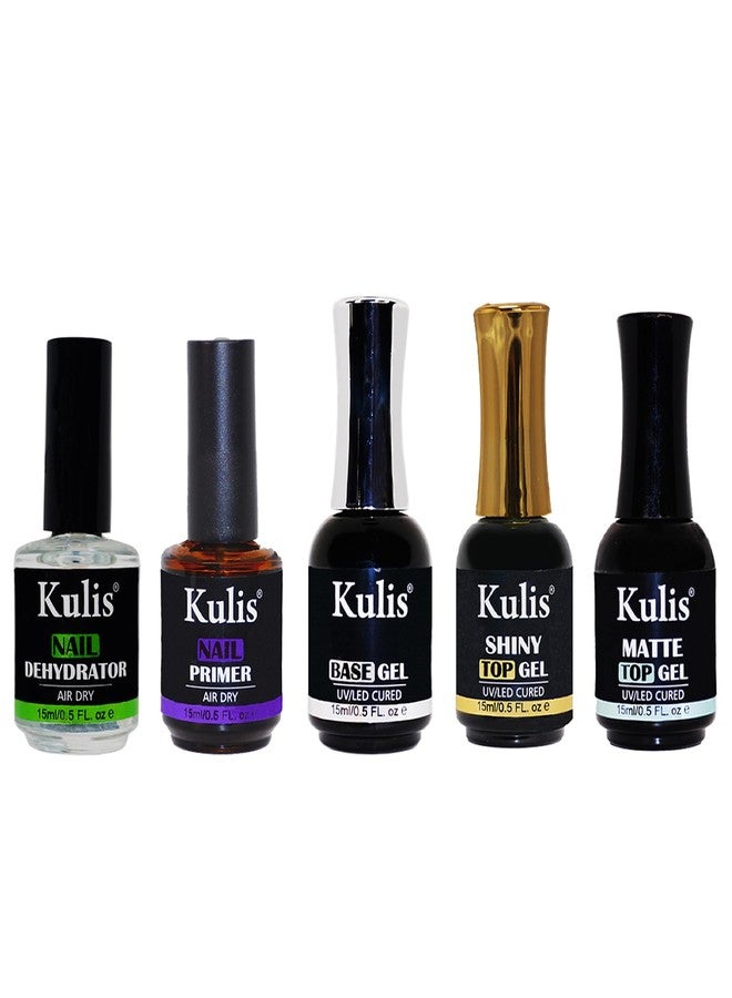 Kulis Professional Shiny & Matte Top, Base, Primer & Dehydrator Combo Pack - Shine Finish Long Lasting, Soak-Off UV/LED Nail Lamp Cured Gel 15ml/each Nail Art Design 5Pcs - Image 1