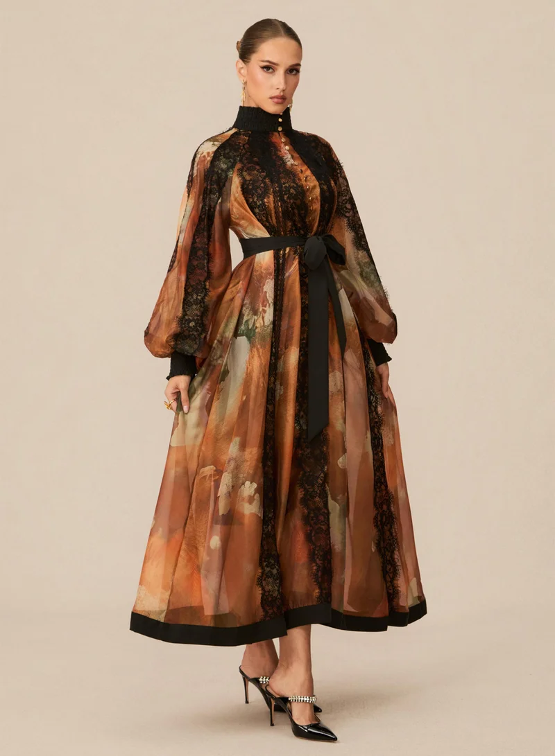 Sunfere Alluring Glam Orange Lace Panel Midi Dress