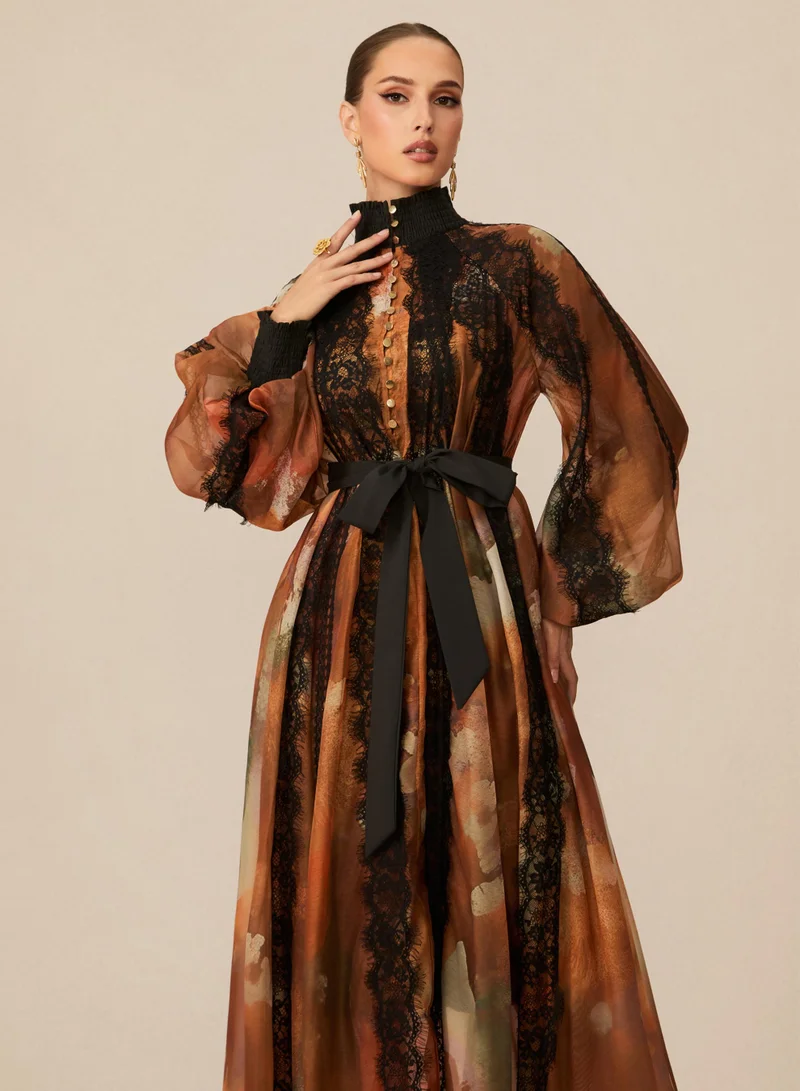 Sunfere  Alluring Glam Orange Lace Panel Midi Dress for Women | Best Price UAE
