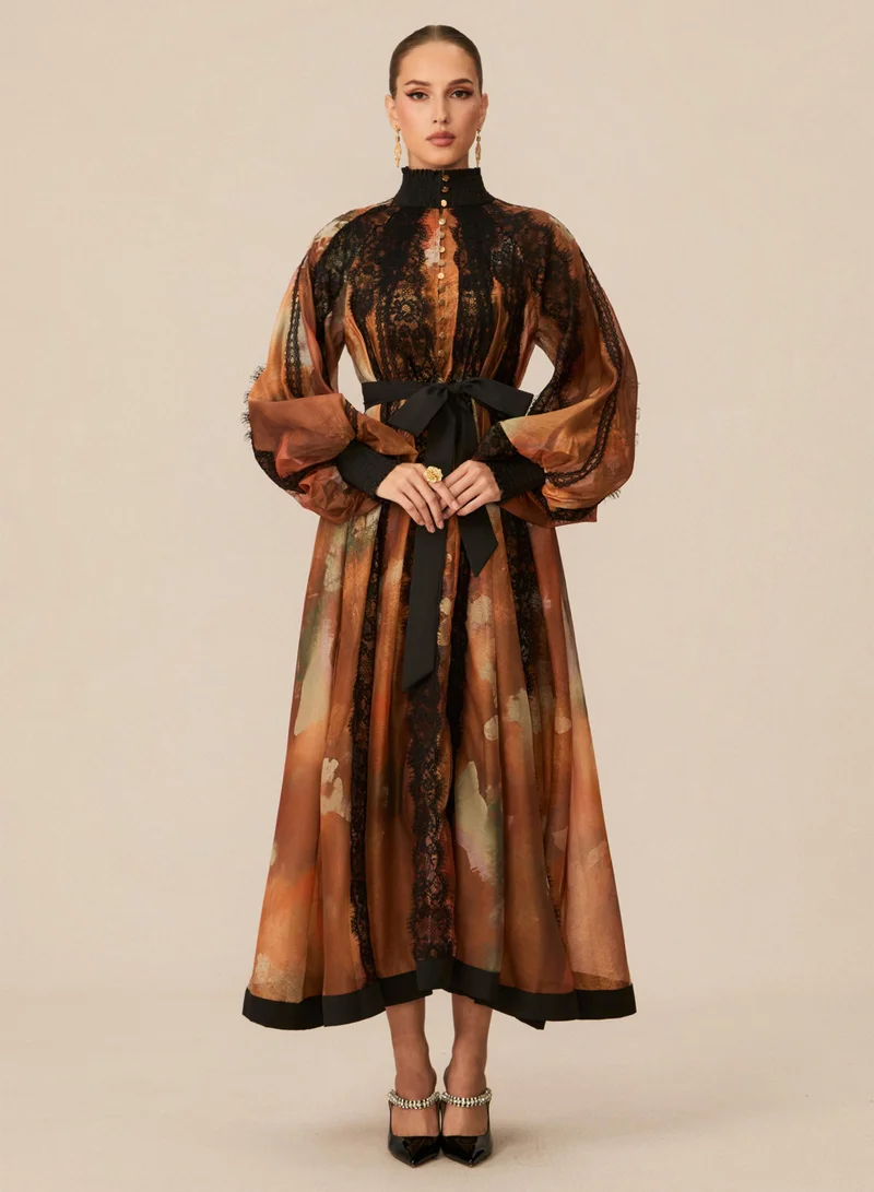 Sunfere  Alluring Glam Orange Lace Panel Midi Dress for Women | Best Price UAE