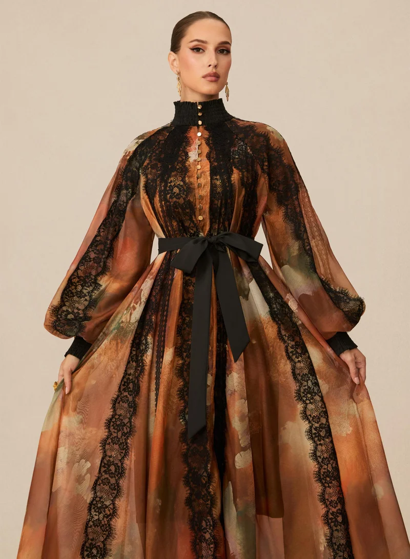 Sunfere  Alluring Glam Orange Lace Panel Midi Dress for Women | Best Price UAE