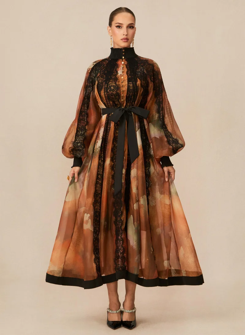 Sunfere Alluring Glam Orange Lace Panel Midi Dress