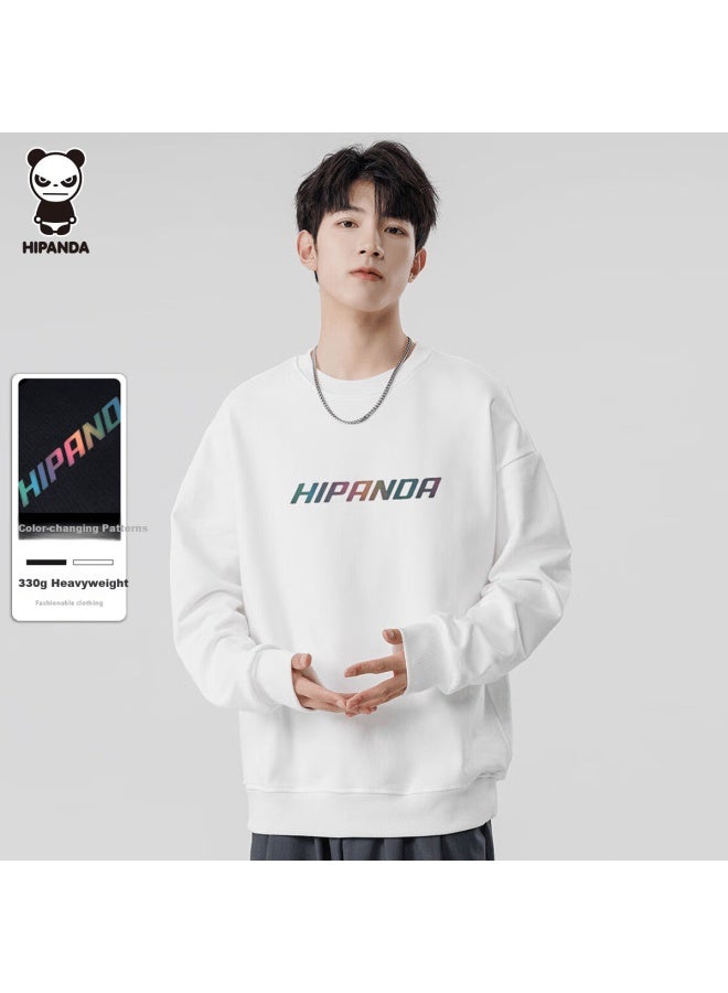 Hipanda Men's Sweatshirt, Autumn Fashion, Colorful Temperature-adjustable Style, American Retro Couple Round Neck Loose Top, White, Size L - Image 1