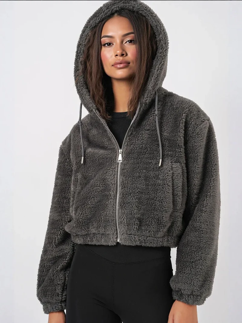 BIG DART BDART Faux Fur Leopard Print Hooded Crop Hoodie