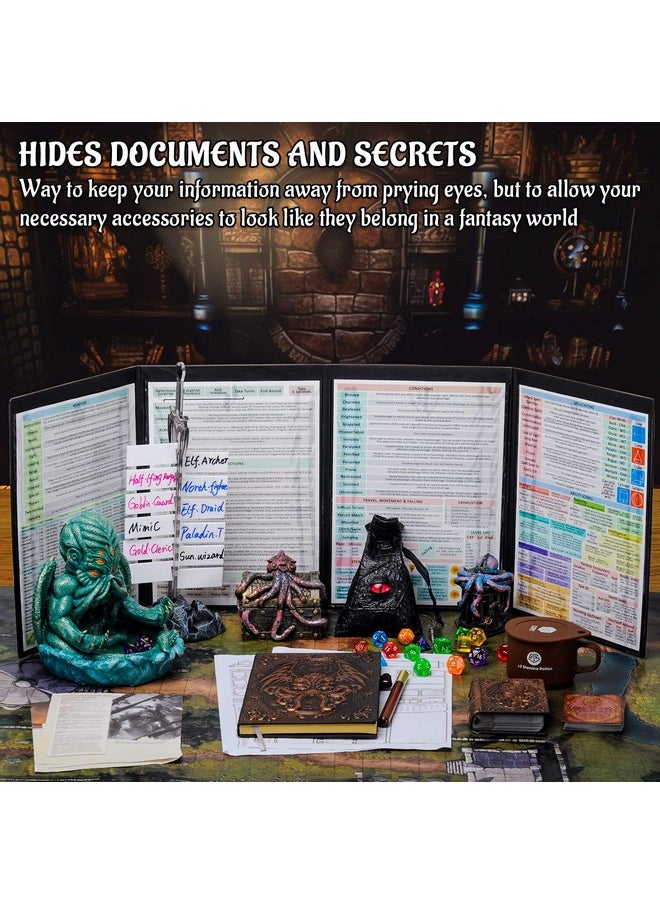 CZYY - CZYY DND Dungeon Master Screen Four-Panel with Pockets, Faux Leather 3D Embossed with Cthulhu - Included DM Screen Inserts and Storage Case - Image 1
