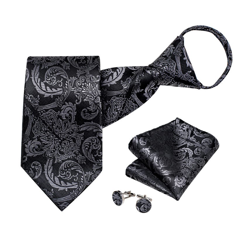 DiBanGu Silk Zipper Ties for Men,Paisley Solid Plaid Pre-tied Tie and Pocket Square Cufflinks Set Formal Adjustable Necktie, Black and Grey - Image 1