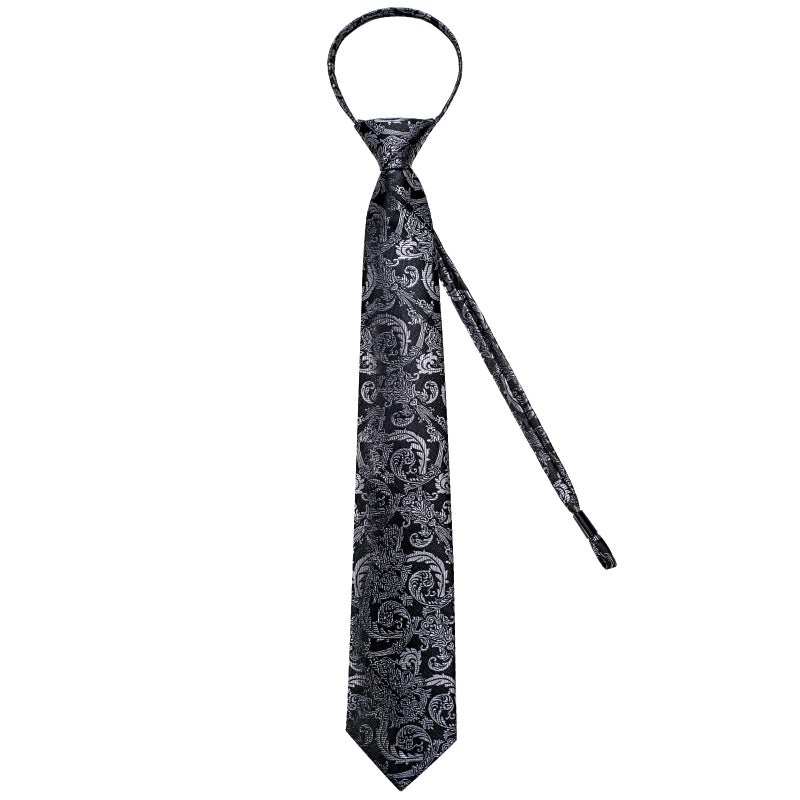 DiBanGu Silk Zipper Ties for Men,Paisley Solid Plaid Pre-tied Tie and Pocket Square Cufflinks Set Formal Adjustable Necktie, Black and Grey - Image 4