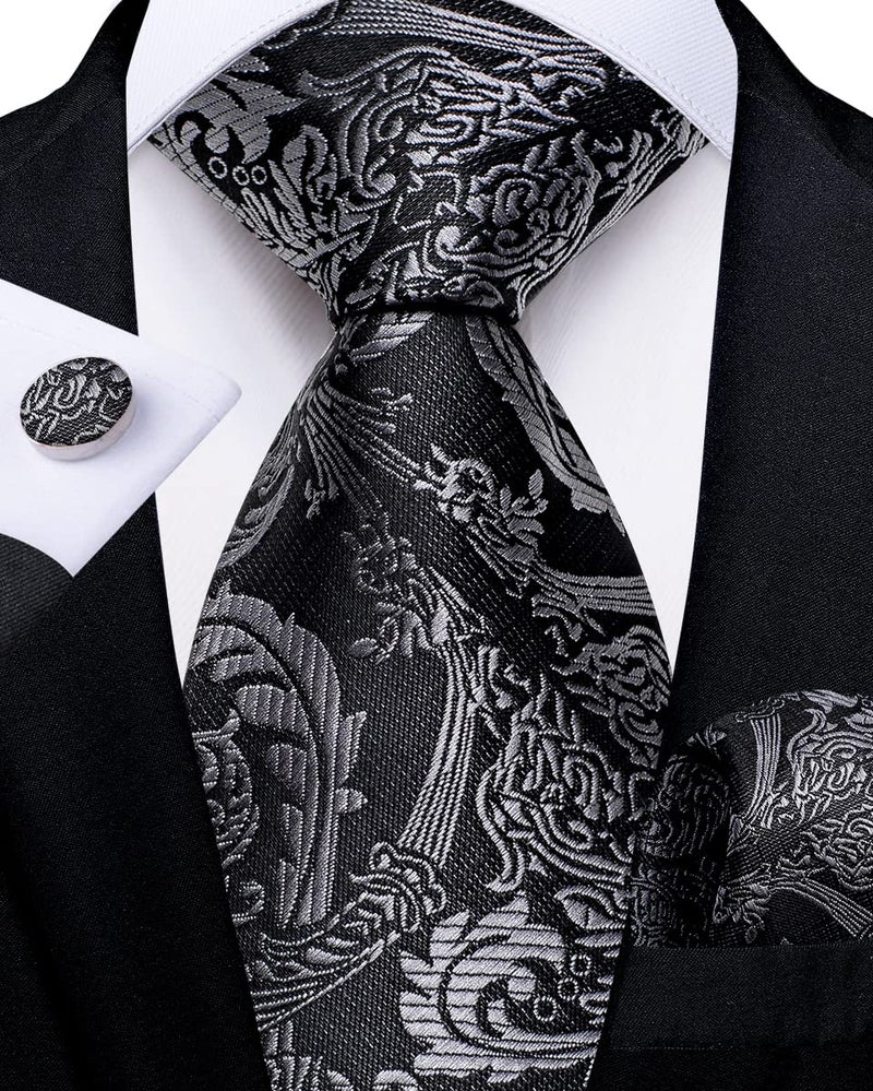 DiBanGu Silk Zipper Ties for Men,Paisley Solid Plaid Pre-tied Tie and Pocket Square Cufflinks Set Formal Adjustable Necktie, Black and Grey - Image 3