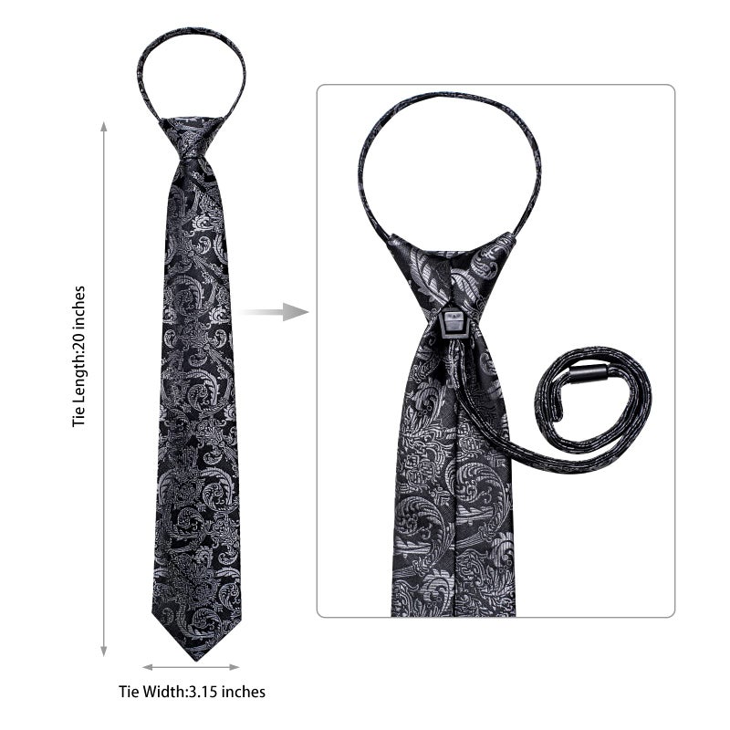 DiBanGu Silk Zipper Ties for Men,Paisley Solid Plaid Pre-tied Tie and Pocket Square Cufflinks Set Formal Adjustable Necktie, Black and Grey - Image 5