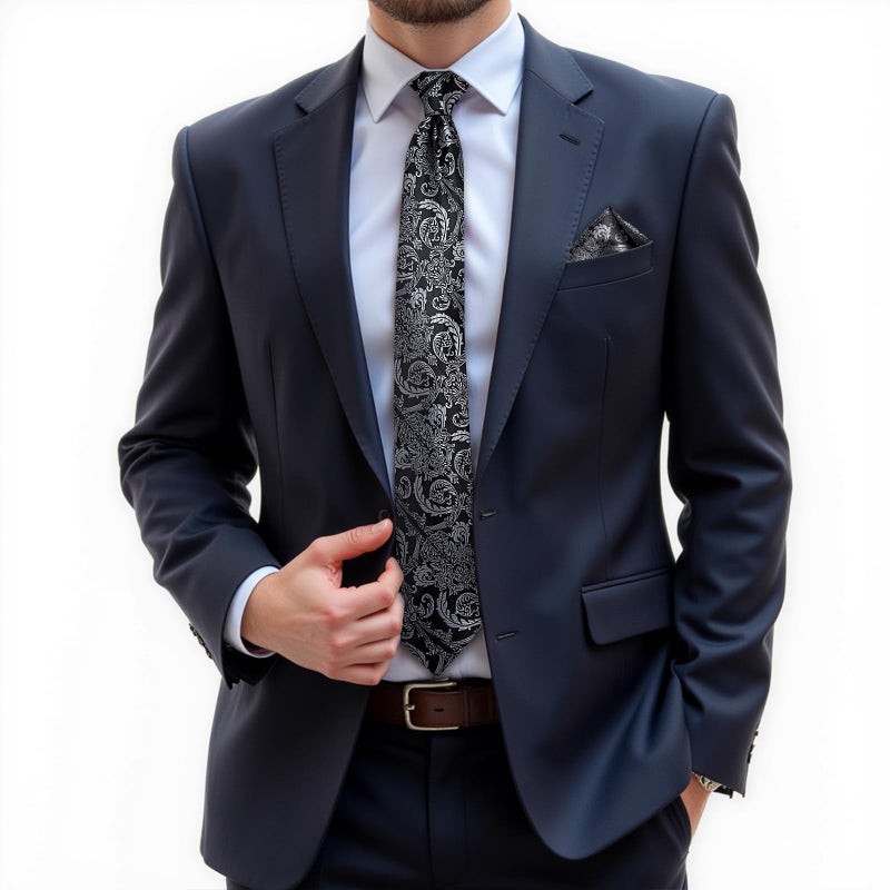 DiBanGu Silk Zipper Ties for Men,Paisley Solid Plaid Pre-tied Tie and Pocket Square Cufflinks Set Formal Adjustable Necktie, Black and Grey - Image 2