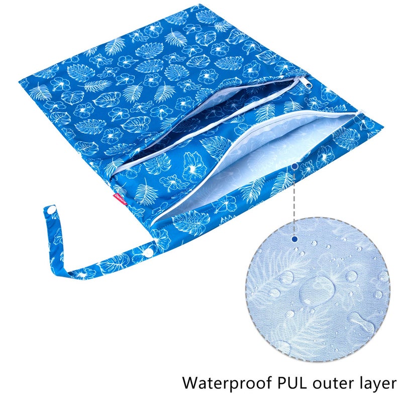 Damero 3Pcs Wet Dry Bag for Cloth Diaper, Swimsuit, Clothes, Ideal for Travel, Exercise, Daycare, Roomy and Water-Resistant(Blue Flowers) - Image 2