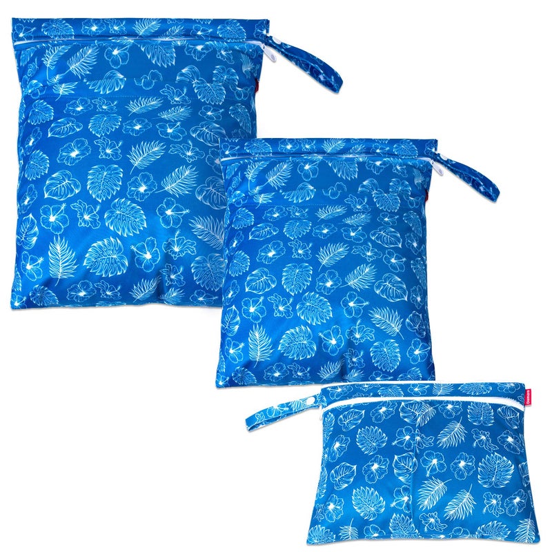 Damero 3Pcs Wet Dry Bag for Cloth Diaper, Swimsuit, Clothes, Ideal for Travel, Exercise, Daycare, Roomy and Water-Resistant(Blue Flowers) - Image 1