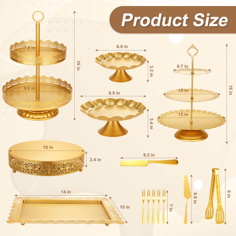 Audab Gold Dessert Table Display Set, Including Cake Stand, Cupcake Stand, Serving trays, Platters, Cake Cutting Set and Serving Tongs for Vintage Wedding Decor, Party Food Decorations - Image 3