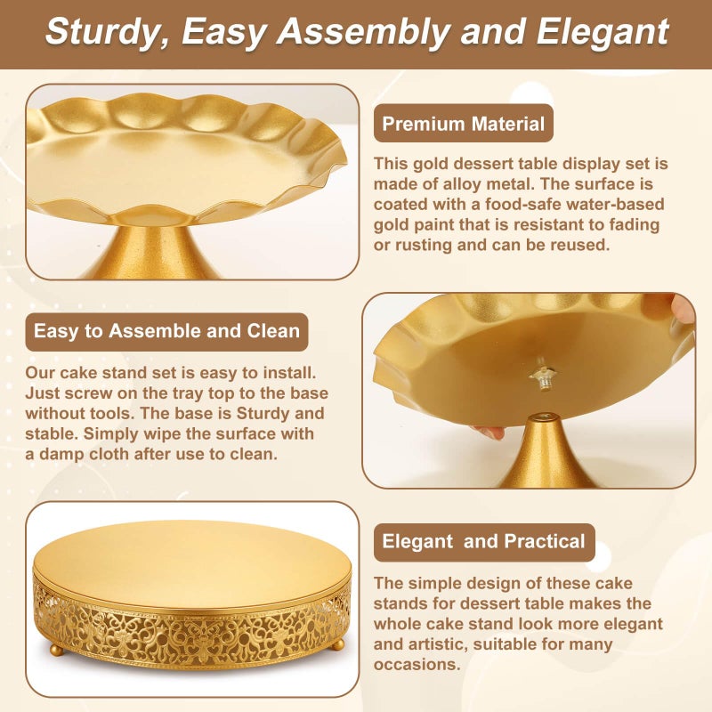 Audab Gold Dessert Table Display Set, Including Cake Stand, Cupcake Stand, Serving trays, Platters, Cake Cutting Set and Serving Tongs for Vintage Wedding Decor, Party Food Decorations - Image 4