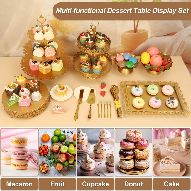 Audab Gold Dessert Table Display Set, Including Cake Stand, Cupcake Stand, Serving trays, Platters, Cake Cutting Set and Serving Tongs for Vintage Wedding Decor, Party Food Decorations - Image 2
