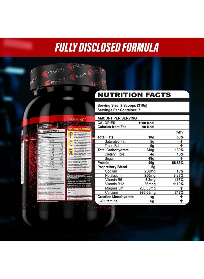 Spartan Nutrition Mega Mass Pro High Protein And High Calorie Mass Gainer / Weight Gainer Powder - 2.2 Lbs, 1Kg (Chocolate Icecream) With Vitamins And Minerals.  - Image 3