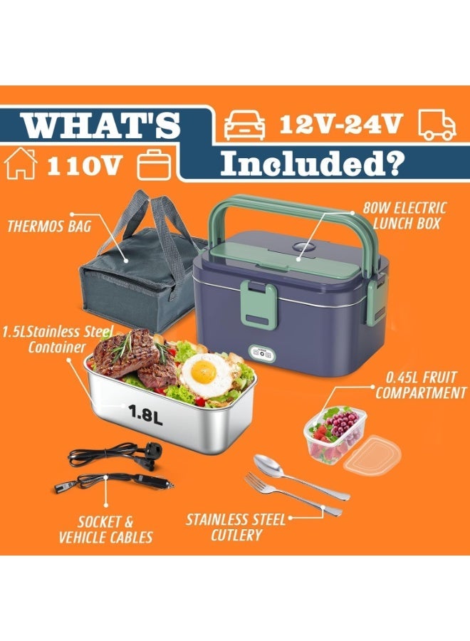 M.A&F's 80W Electric Lunch Box for Adults, 1.8L 304 Stainless Steel Portable Food Warmer, 12/24V 110V-230V Food Heater for Car/Truck/Home/Work/Office - Image 3