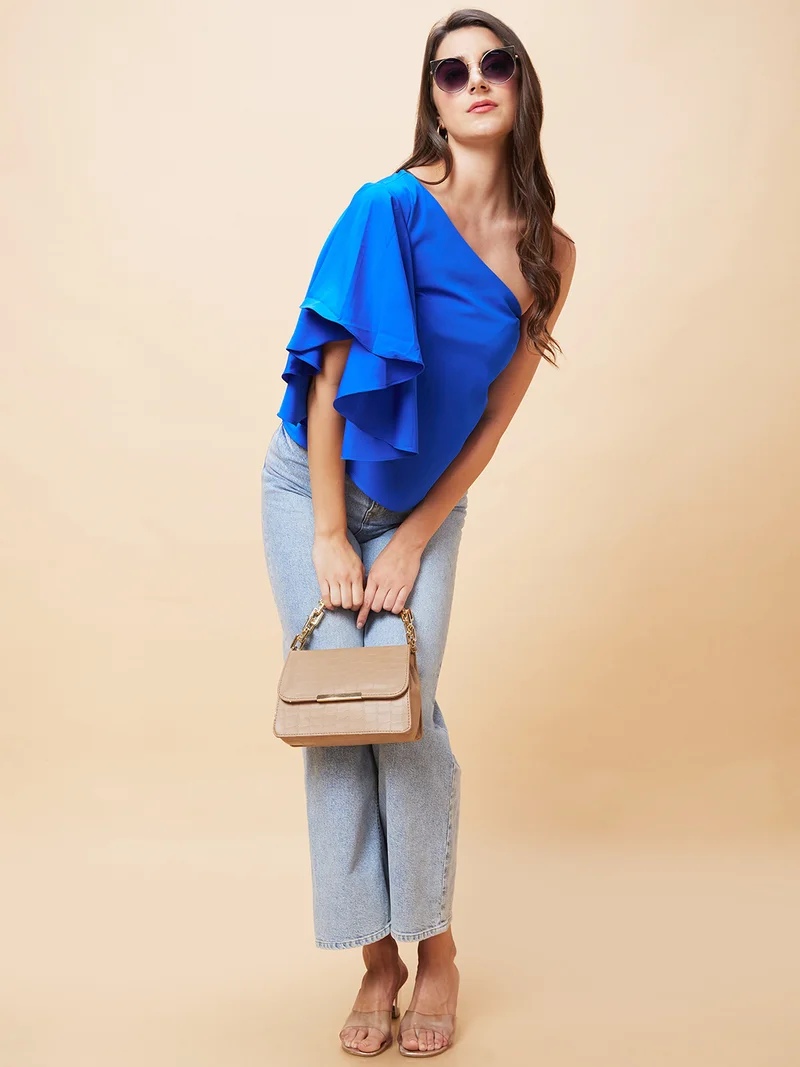 globus Women Blue One Shoulder Flutter Sleeve Top