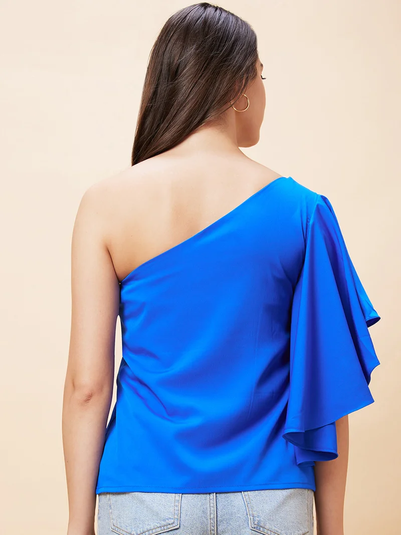 globus Women Blue One Shoulder Flutter Sleeve Top