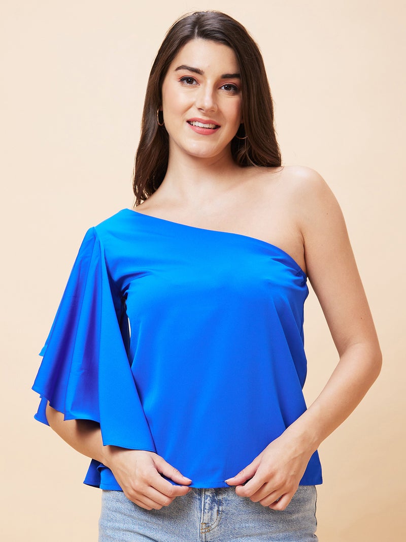 globus Globus Women Blue One Shoulder Flutter Sleeve Top  - Image 2