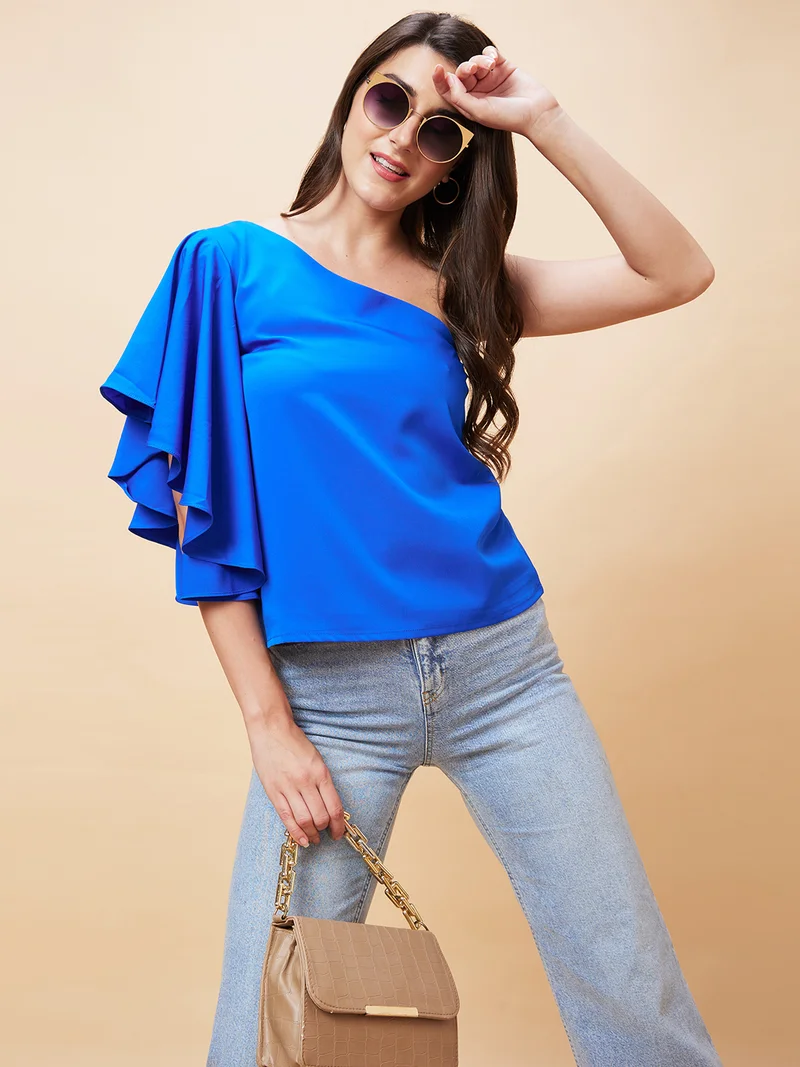 globus Women Blue One Shoulder Flutter Sleeve Top