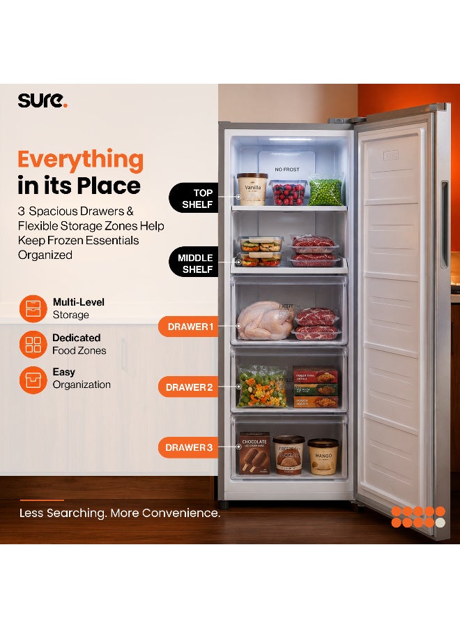 SURE 212L Gross Upright Freezer, Single Door Design, Frost Free, Spacious Storage Capacity, Energy Efficient Performance, Silent Operation, Inox Finish, RCFF-212 212 L RCFF-212 Inox Finish - Image 5