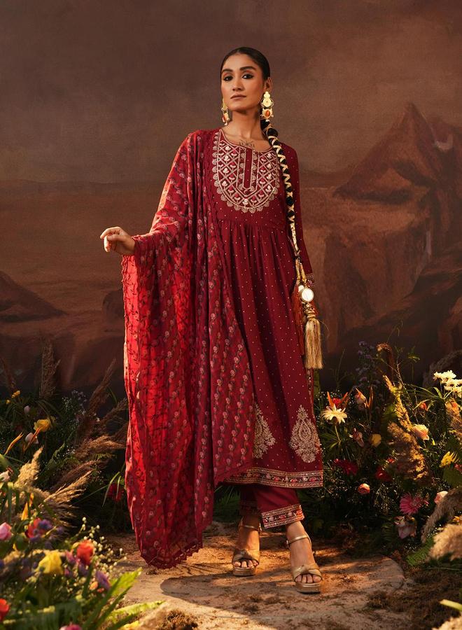 ISHIN Women's Maroon Rayon Embellished Tunic Upper Calf Length Palazzo Bottom Straight Fit 3 Peice Kurta Set - Image 1