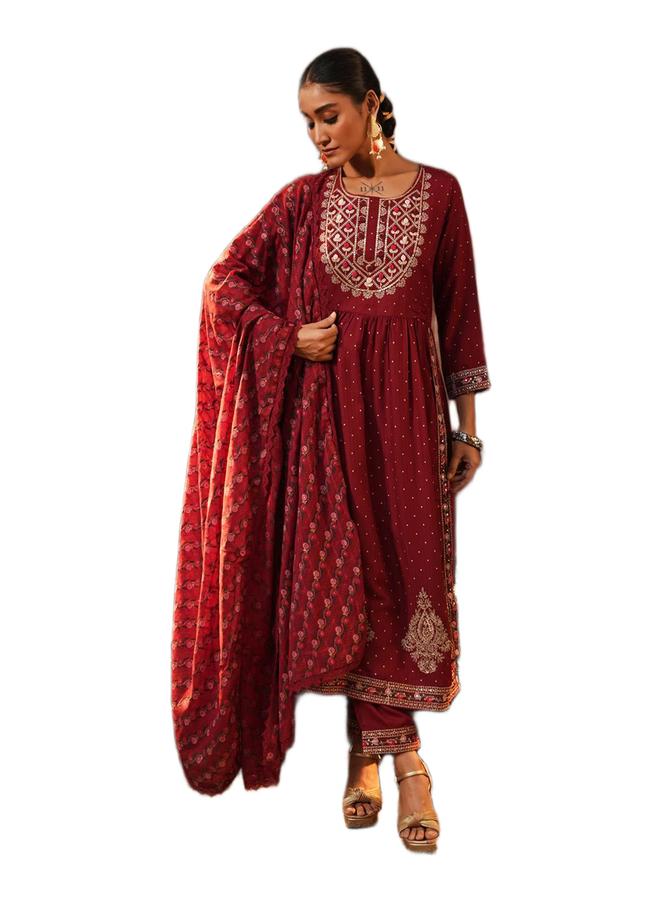 ISHIN Women's Maroon Rayon Embellished Tunic Upper Calf Length Palazzo Bottom Straight Fit 3 Peice Kurta Set - Image 3