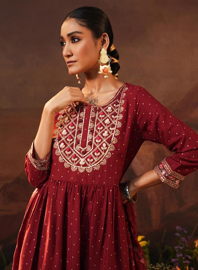 ISHIN Women's Maroon Rayon Embellished Tunic Upper Calf Length Palazzo Bottom Straight Fit 3 Peice Kurta Set - Image 5