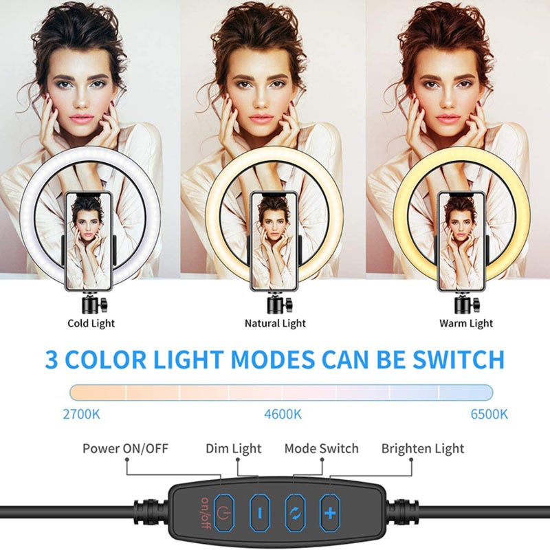 10.2IN LED Ring Light Fill Light Dimmable Photography Ring Fill Light with Tripod Stand & Cell Phone Holder Selfie Ring Light with Phone BT Remote USB Powered for Live Stream/Makeup - Image 4
