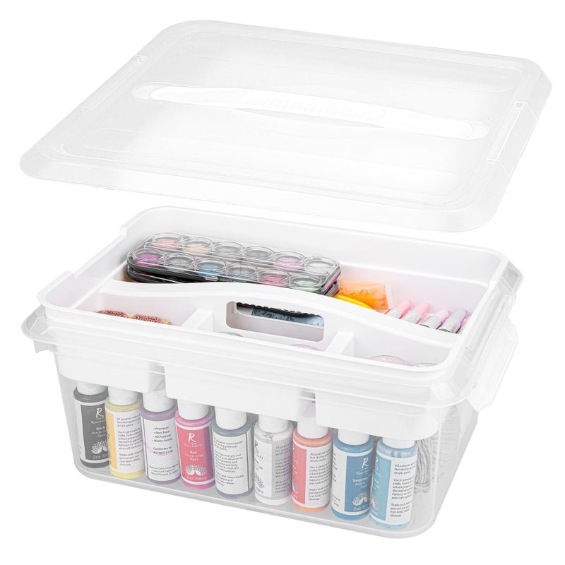 CraftGenes Craft Storage Box with Removable Tray, 20 QT Clear Plastic Organizer with Lids, White Playdoh Storage Containers for Crafts Supplies, Tools, Puzzles - Image 1