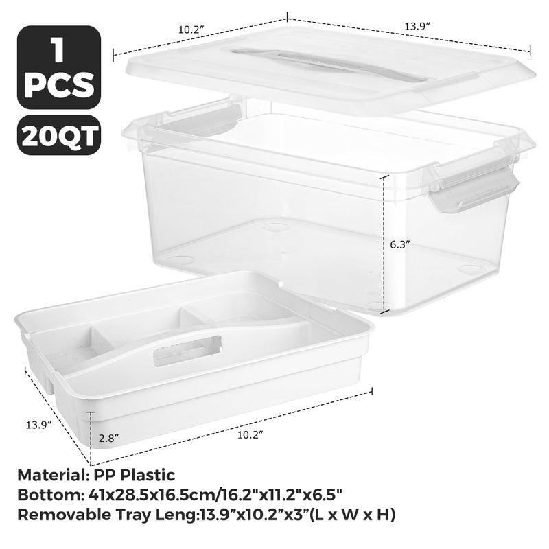 CraftGenes Craft Storage Box with Removable Tray, 20 QT Clear Plastic Organizer with Lids, White Playdoh Storage Containers for Crafts Supplies, Tools, Puzzles - Image 3