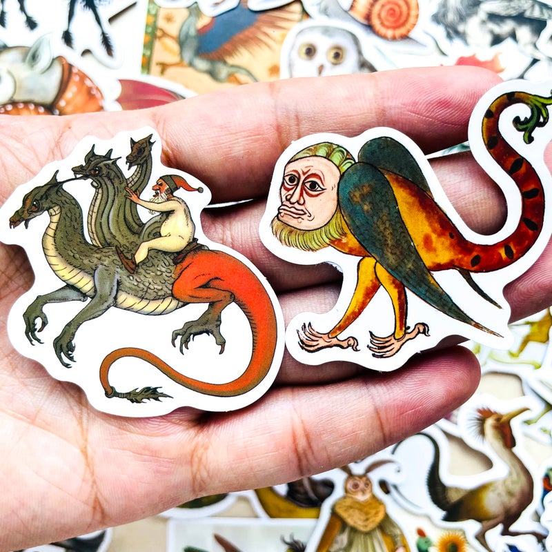 YOKSAS 50 Pcs Medieval Creatures Stickers â€“ Vintage Fantasy Mythical Monster Decals for Scrapbooking, Journaling, Laptops, Gothic Aesthetic, Medieval Art Vinyl Sticker Pack - Image 2