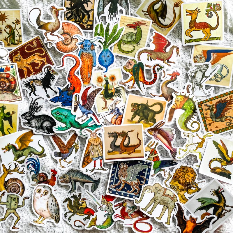 YOKSAS 50 Pcs Medieval Creatures Stickers â€“ Vintage Fantasy Mythical Monster Decals for Scrapbooking, Journaling, Laptops, Gothic Aesthetic, Medieval Art Vinyl Sticker Pack - Image 1