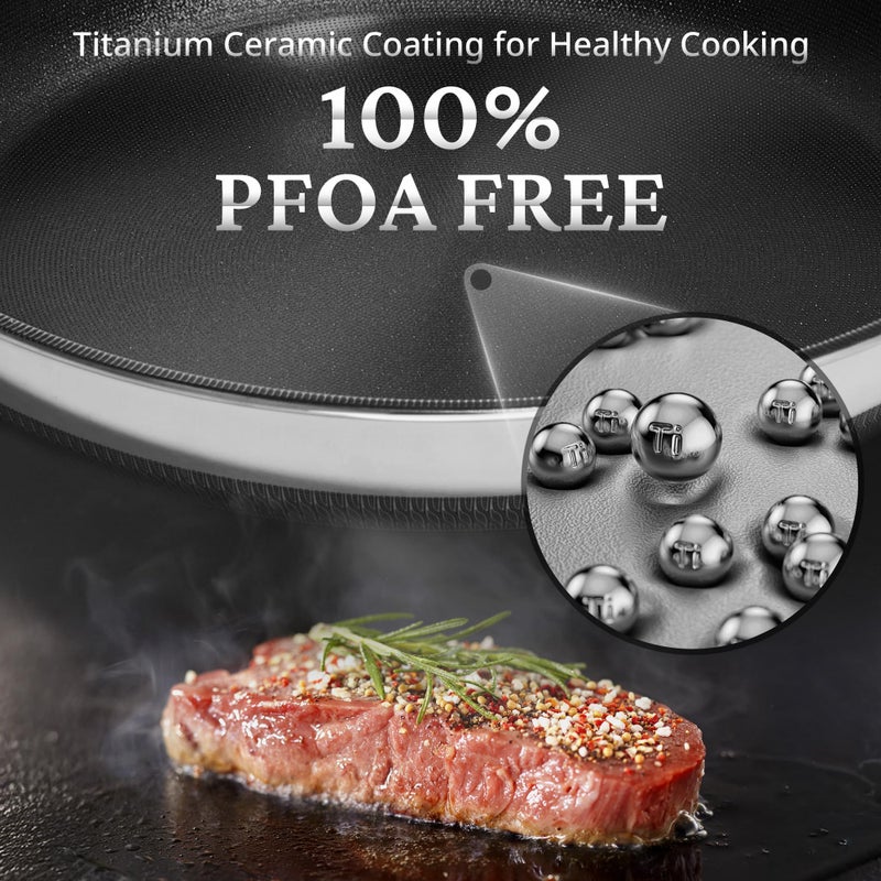 KOKHUB Nonstick Frying Pans with Lids, 8", 10", 12" Titanium Ceramic Tri-Ply Stainless Steel Skillet Set, Non-Toxic, PFAS/PFOA/PTFE Free, Dishwasher & Oven Safe, Induction Compatible - Image 3