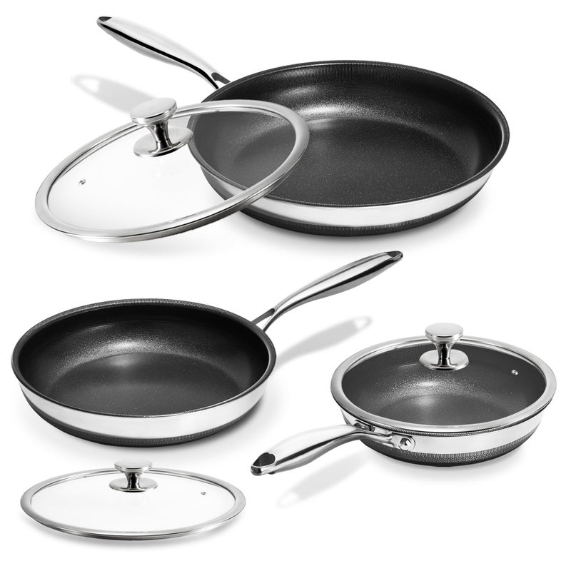 KOKHUB Nonstick Frying Pans with Lids, 8", 10", 12" Titanium Ceramic Tri-Ply Stainless Steel Skillet Set, Non-Toxic, PFAS/PFOA/PTFE Free, Dishwasher & Oven Safe, Induction Compatible - Image 1