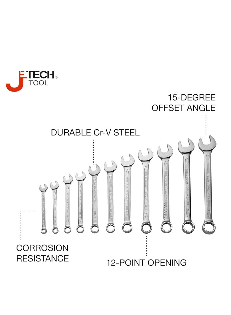 Jetech 11PCS SAE Combination Wrench Set - Industrial Grade Spanners with 12-Point15-Degree Offset Cr-V Steel Forged Heat-Treated, 3/8 Inch - 1 Inch - Image 2