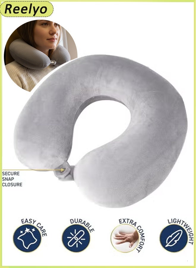 Reelyo Travel Neck Pillow - Lightweight Fleece Casing U-Shaped Stuffable Memory Foam Travel Pillow for Sleeping and Neck Support, Grey - Image 2